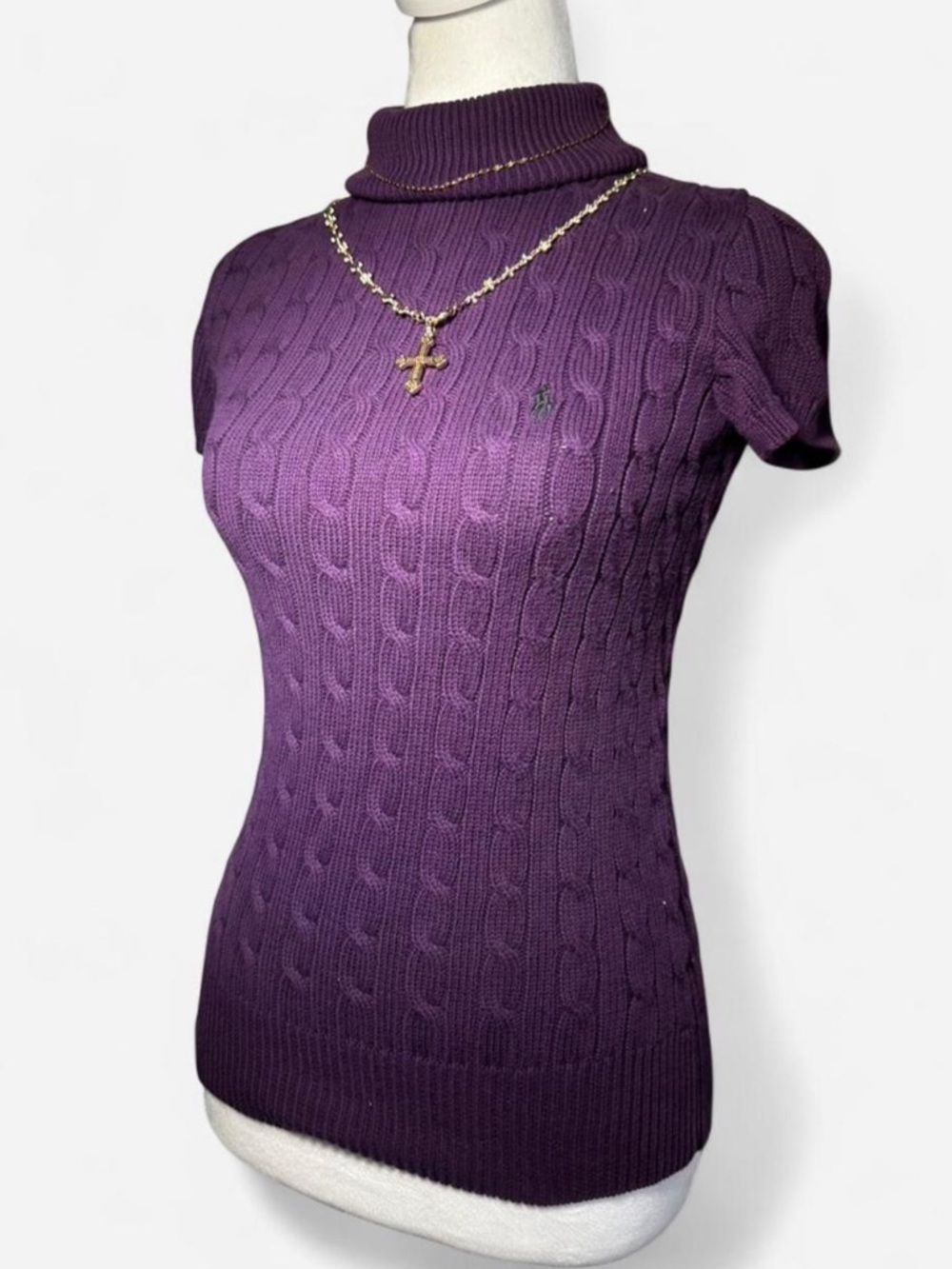 Ralph Lauren 100% COTTON Purple Cable-Knit Short Sleeve Turtleneck Sweater